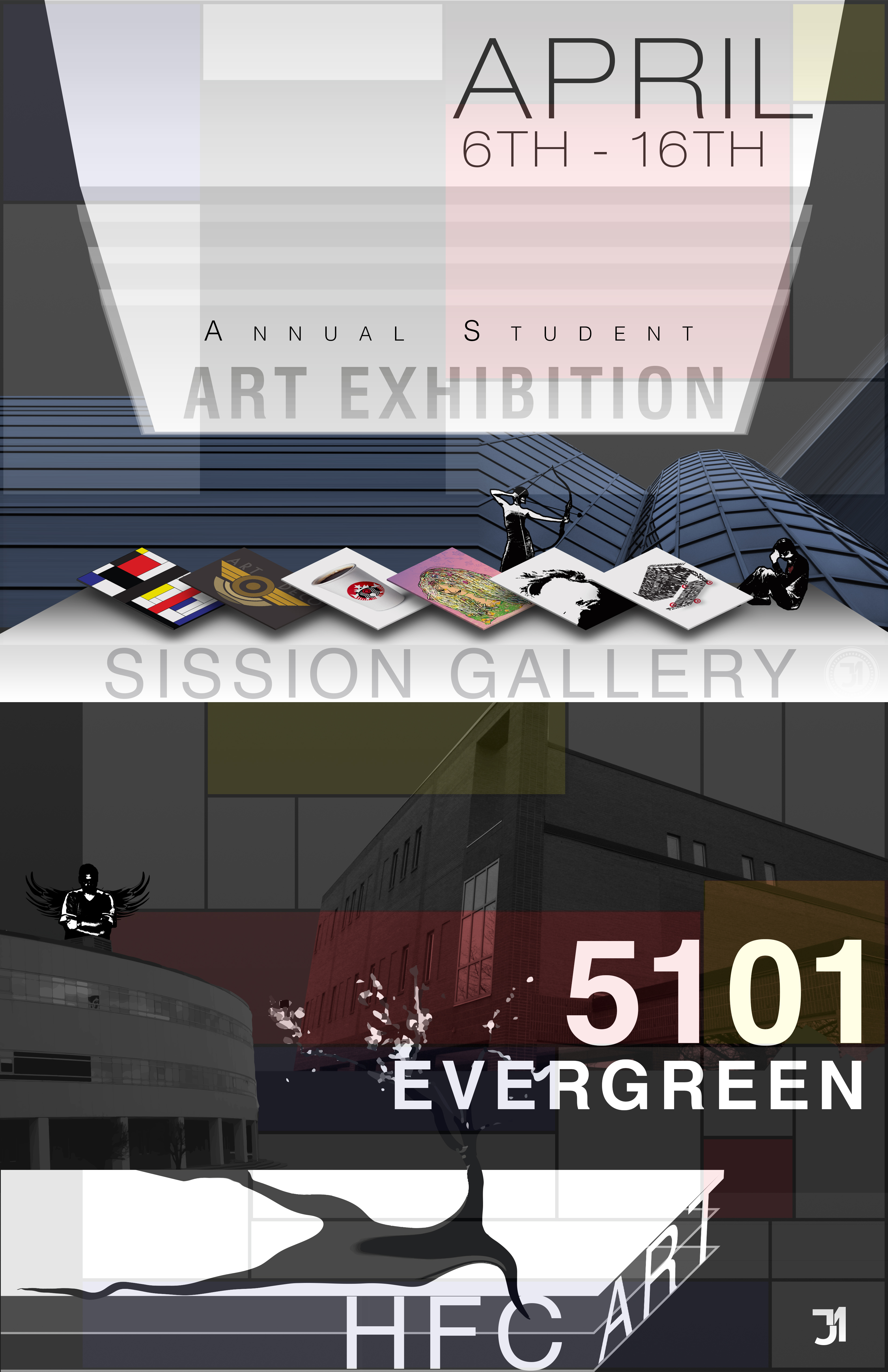 Poster advertising Sisson Gallery student art show April 6 - 16 with 5101 Evergreen in white on dark gray background and silhouette of figure on top of a circular building on Henry Ford College's campus.