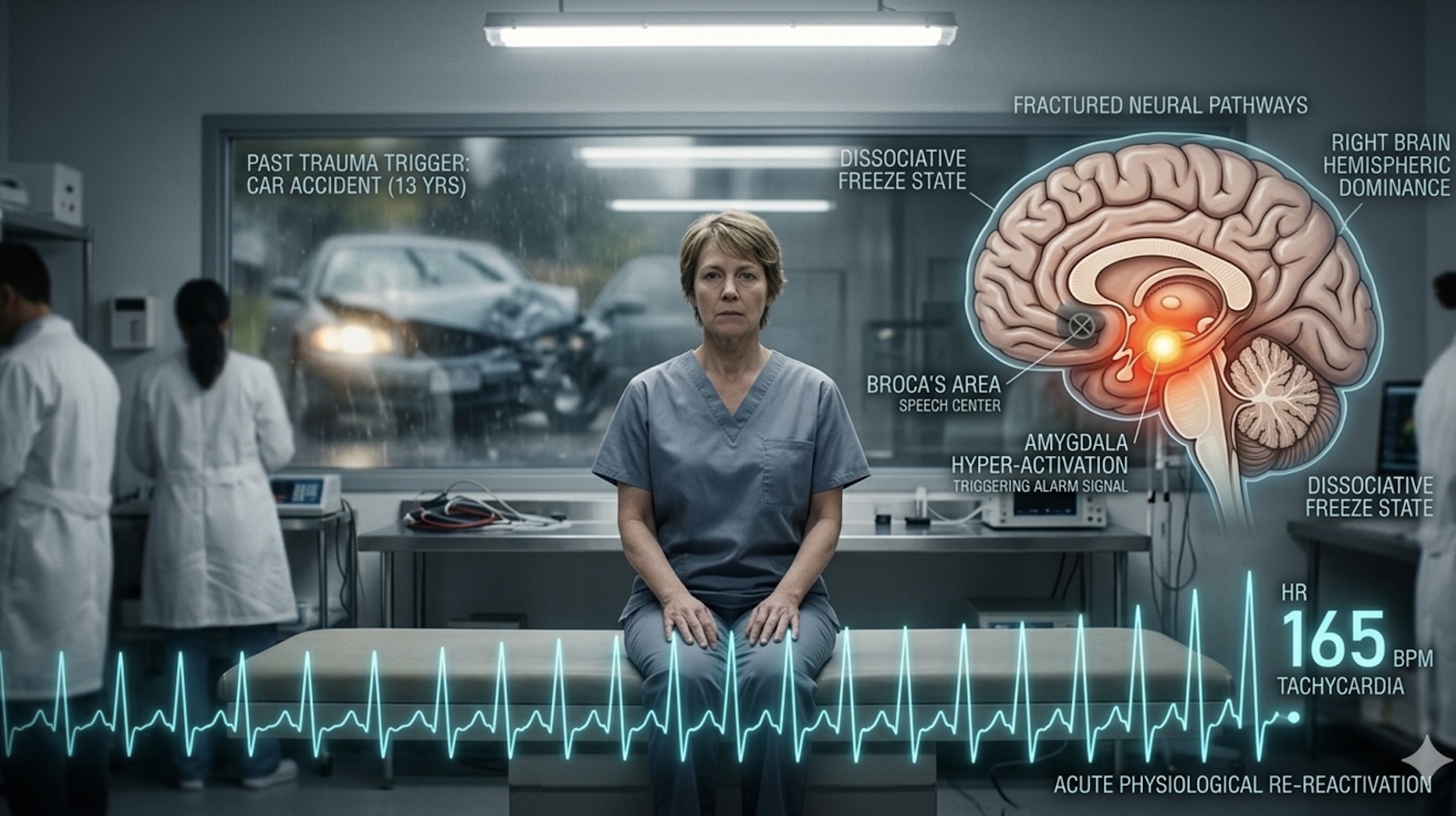 Image of woman on hospital bed with brain scan generated by AI