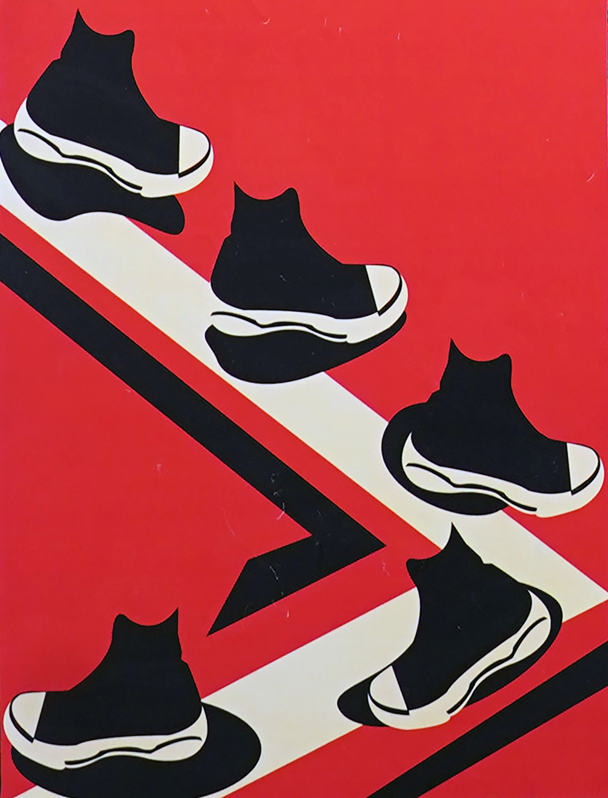 Graphic illustration of shoes walking along a zig zag path by Chase Lett