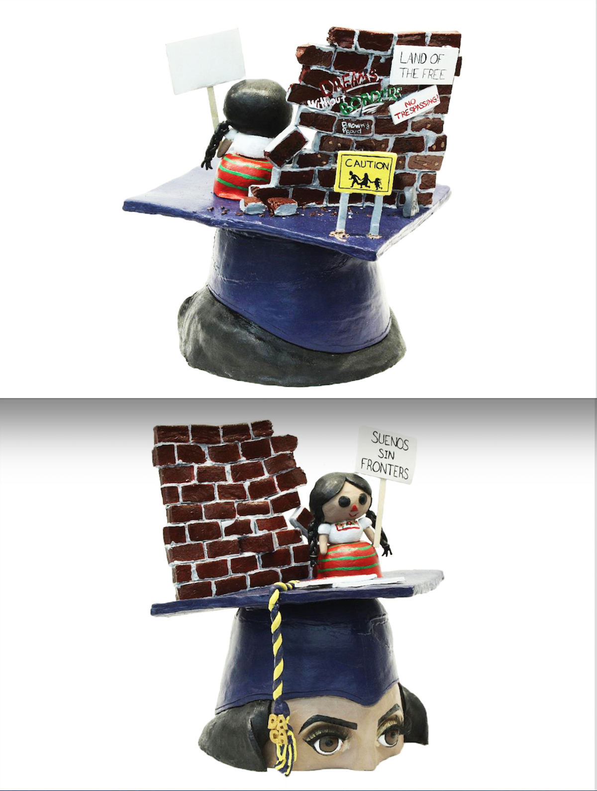 3D ceramic sculpture of young girl in front of brick wall on top of mortarboard graduation cap on a female head with black hair and dark eyes.