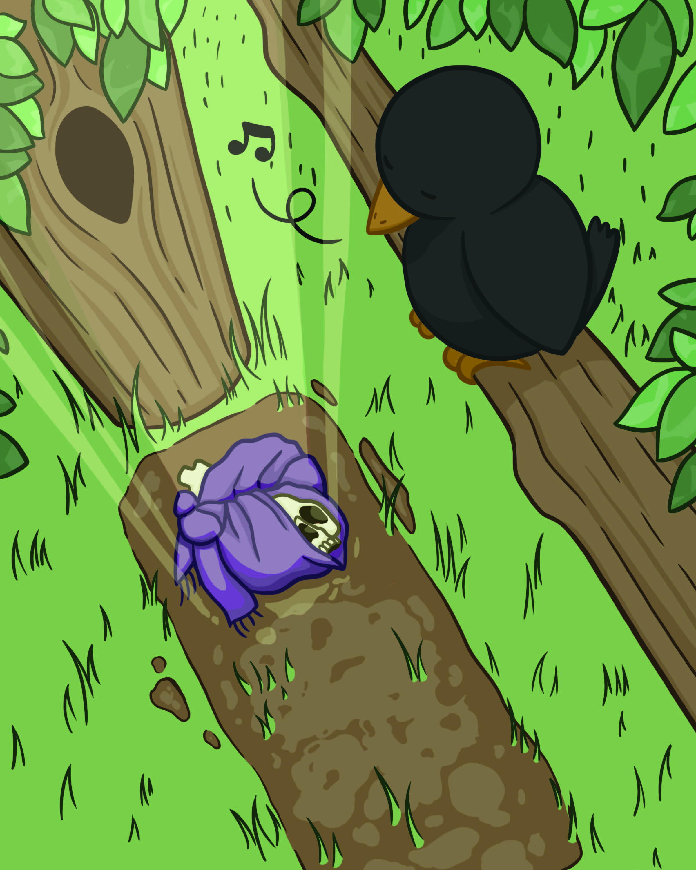 Graphic illustration of blackbird on tree branch looking down at grave site with skull poking through looking up at the bird. Illustration by Gabrielle Erin Brown
