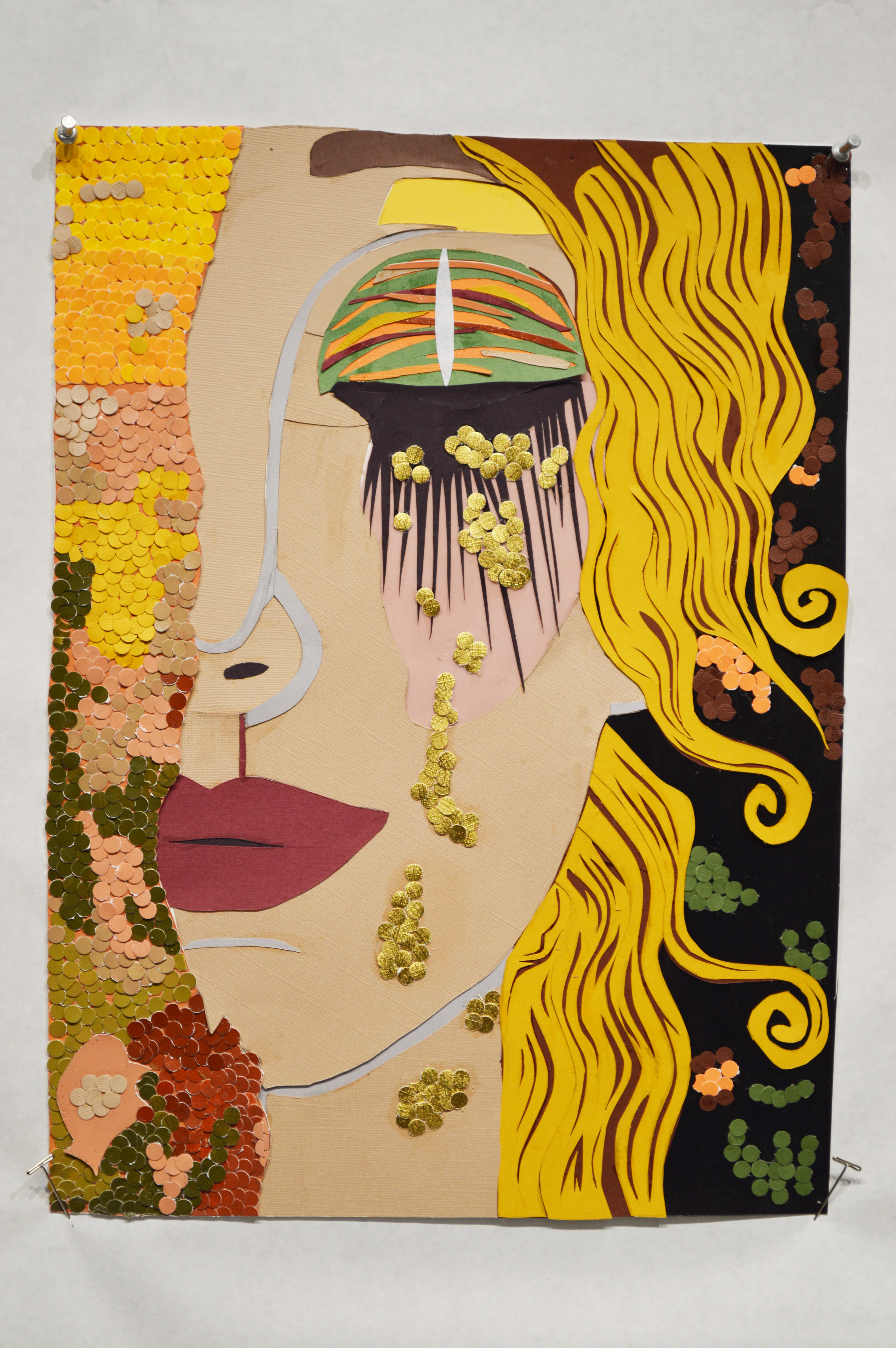 Painting in the style of Gustav Klimt of the side of a face with gold eyeshadow and red lipstick and yellow wavy hair.