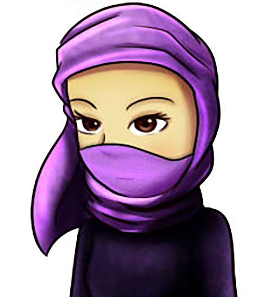 Cartoon of girl wearing a purple scarf on her head and covering her mouth. 