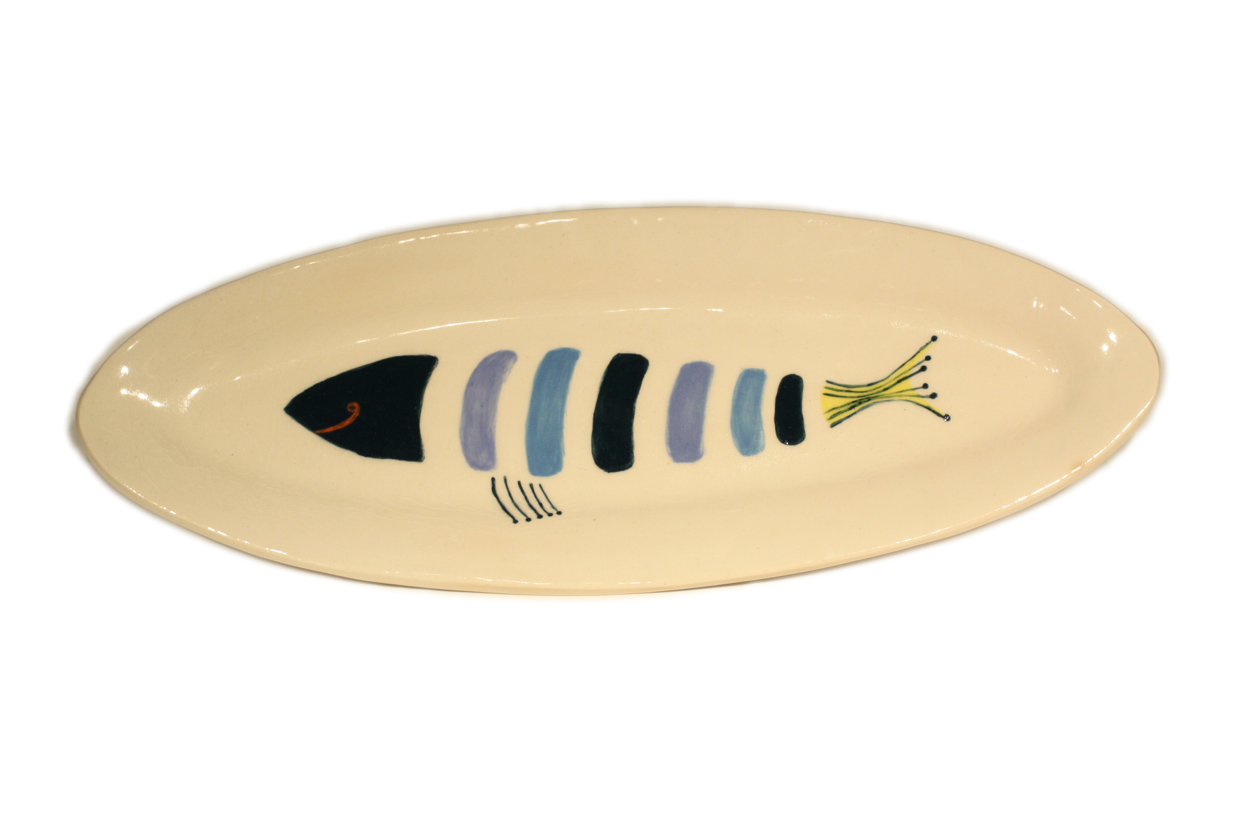 Ceramic serving platter with blue striped fish