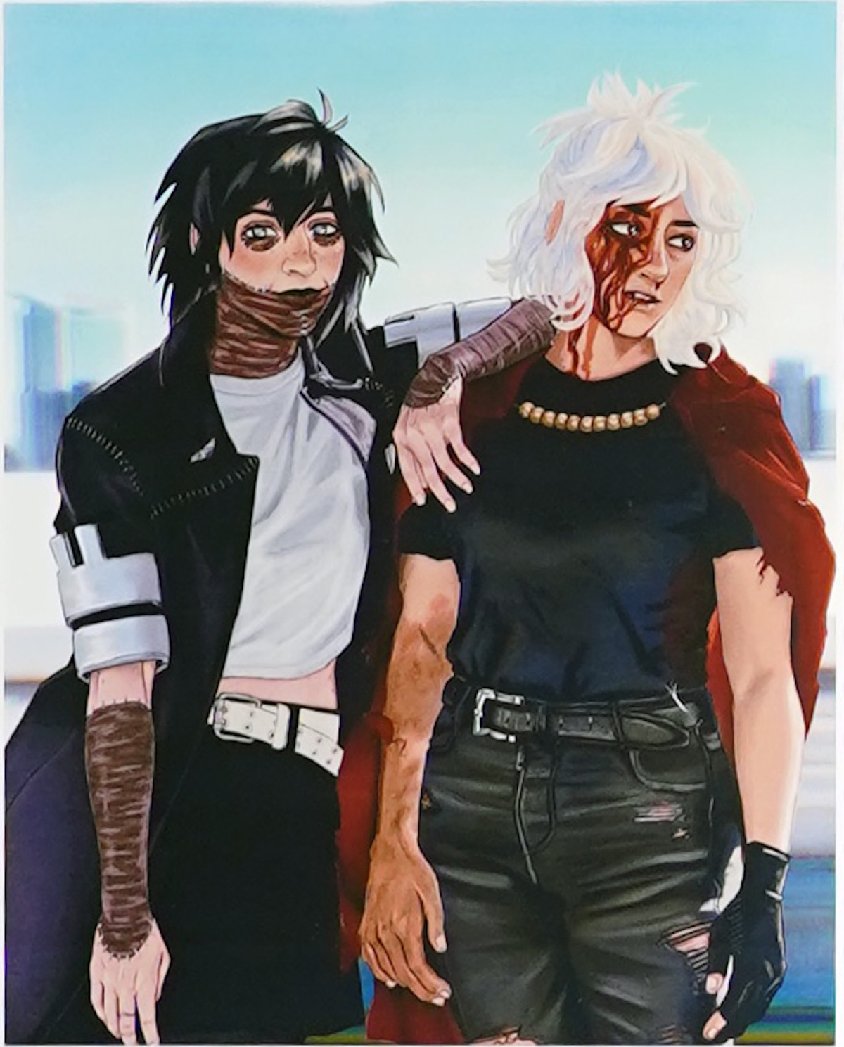 Drawing of two young men shoulder to shoulder one with black hair and the other blonde wearing biker clothes by Isabelle Negron-Main