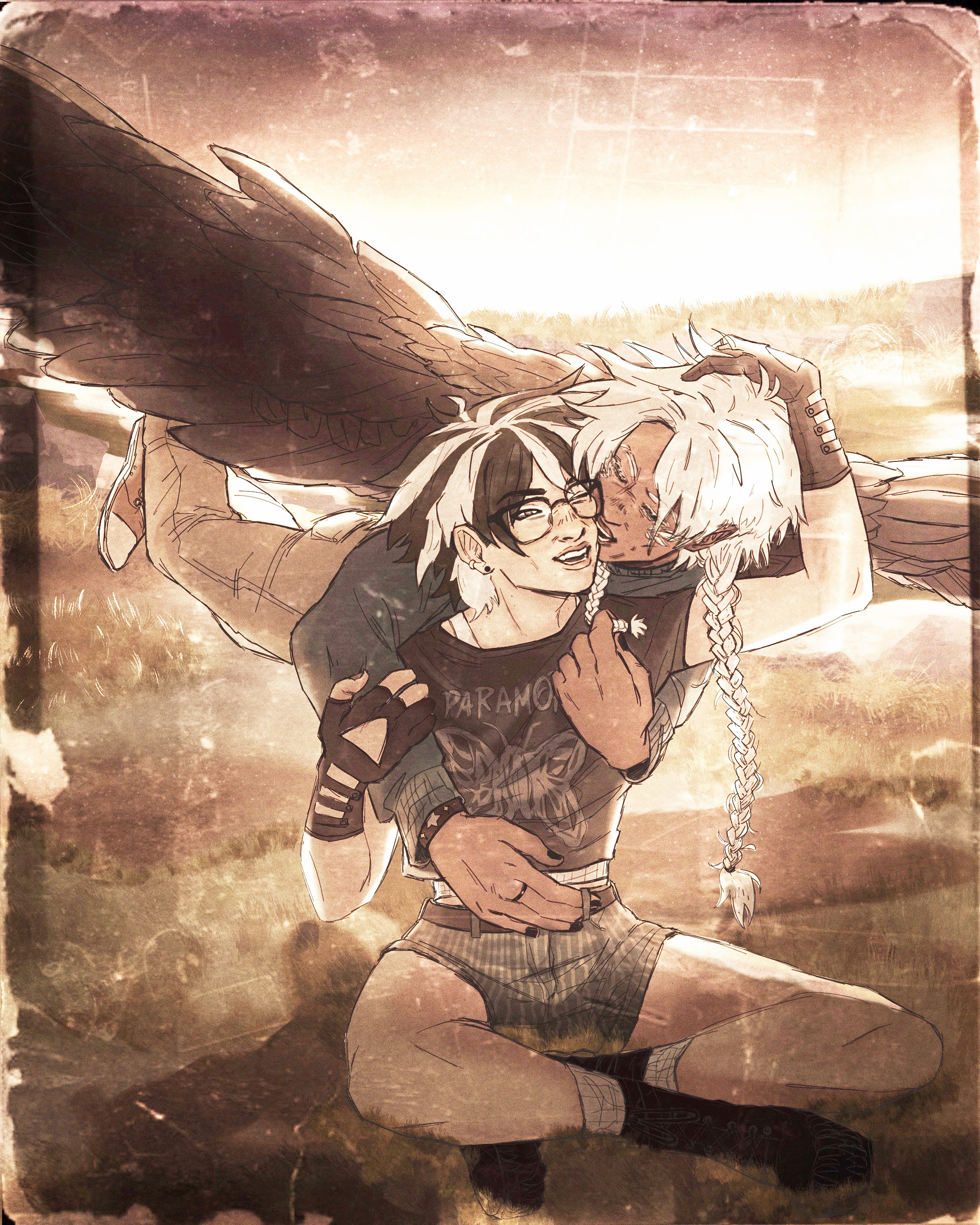 Drawing of Native American man being embraced by spirit of Native American man with wings by Isabelle Negron-Main