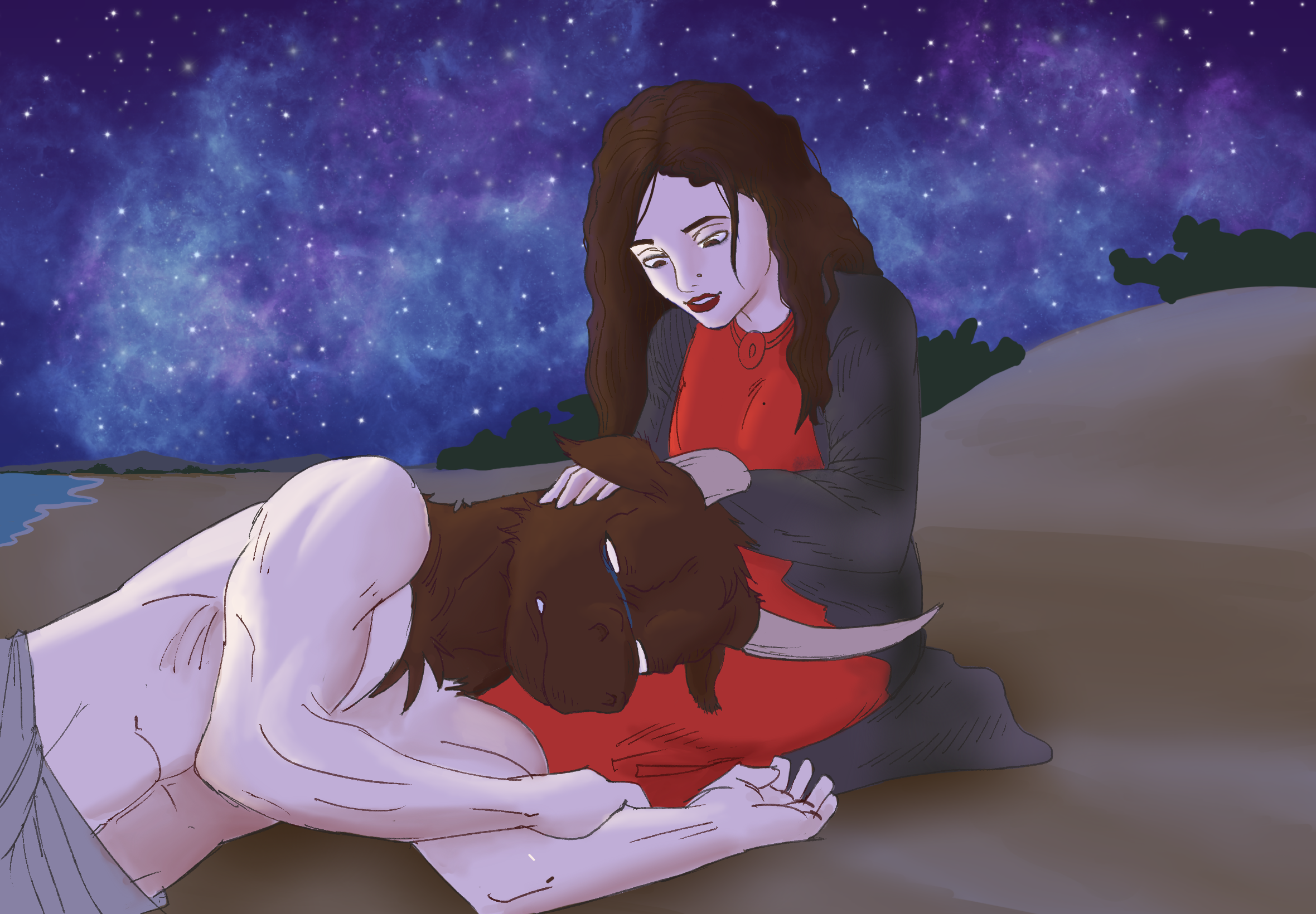 Drawing of woman singing to the Minotaur laying on her lap by Youssef Daher