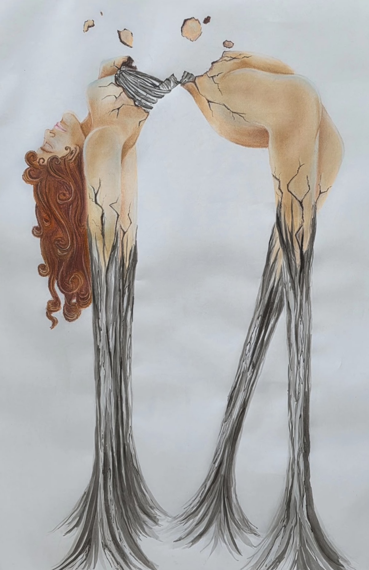 "And At Last, She Snapped" drawing of woman with roots coming out of hands and feet into ground pulling her body apart by Netrra Patel
