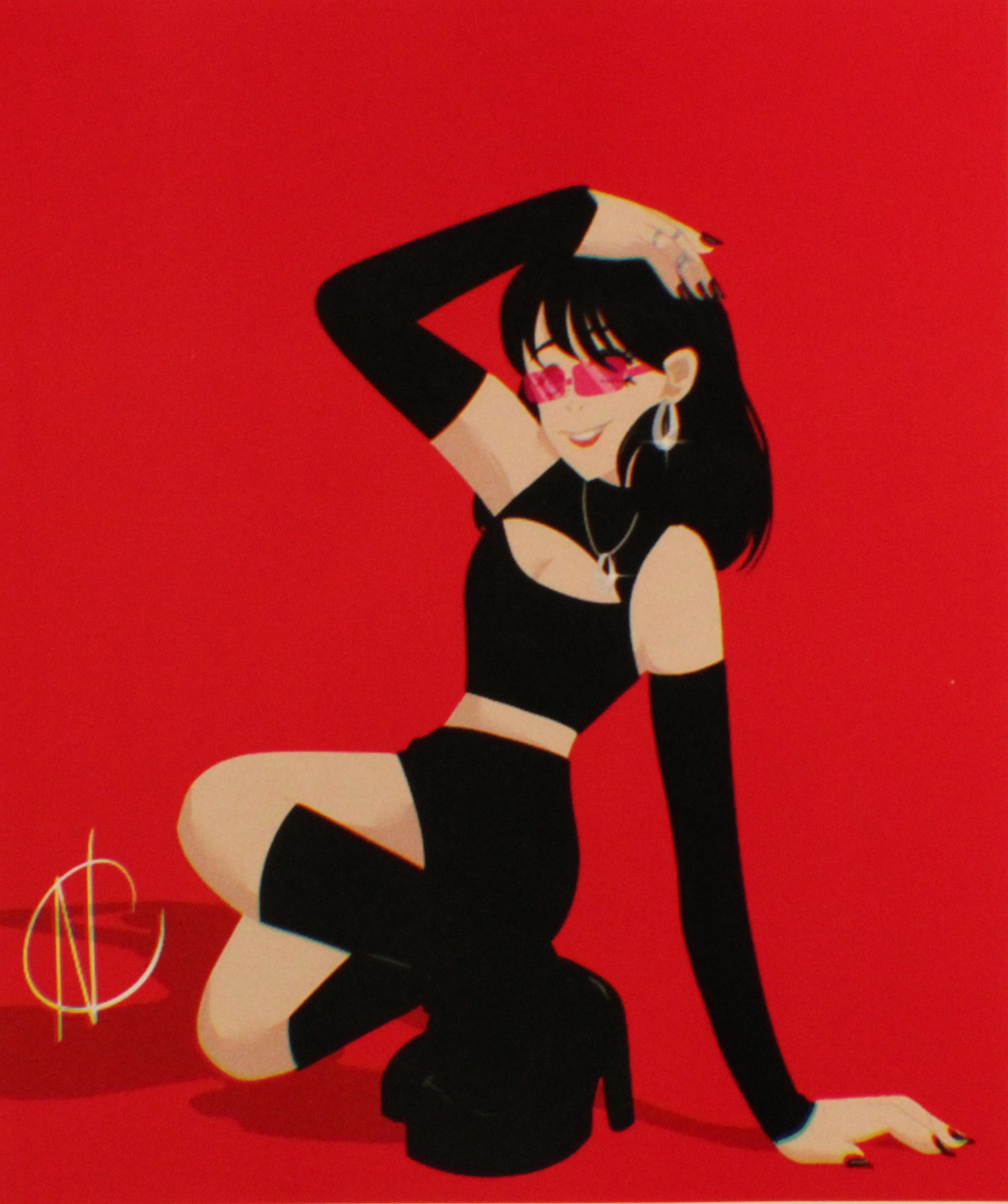 Illustration of girl in black halter top and skirt with platform boots sitting sideways by Niah Martin