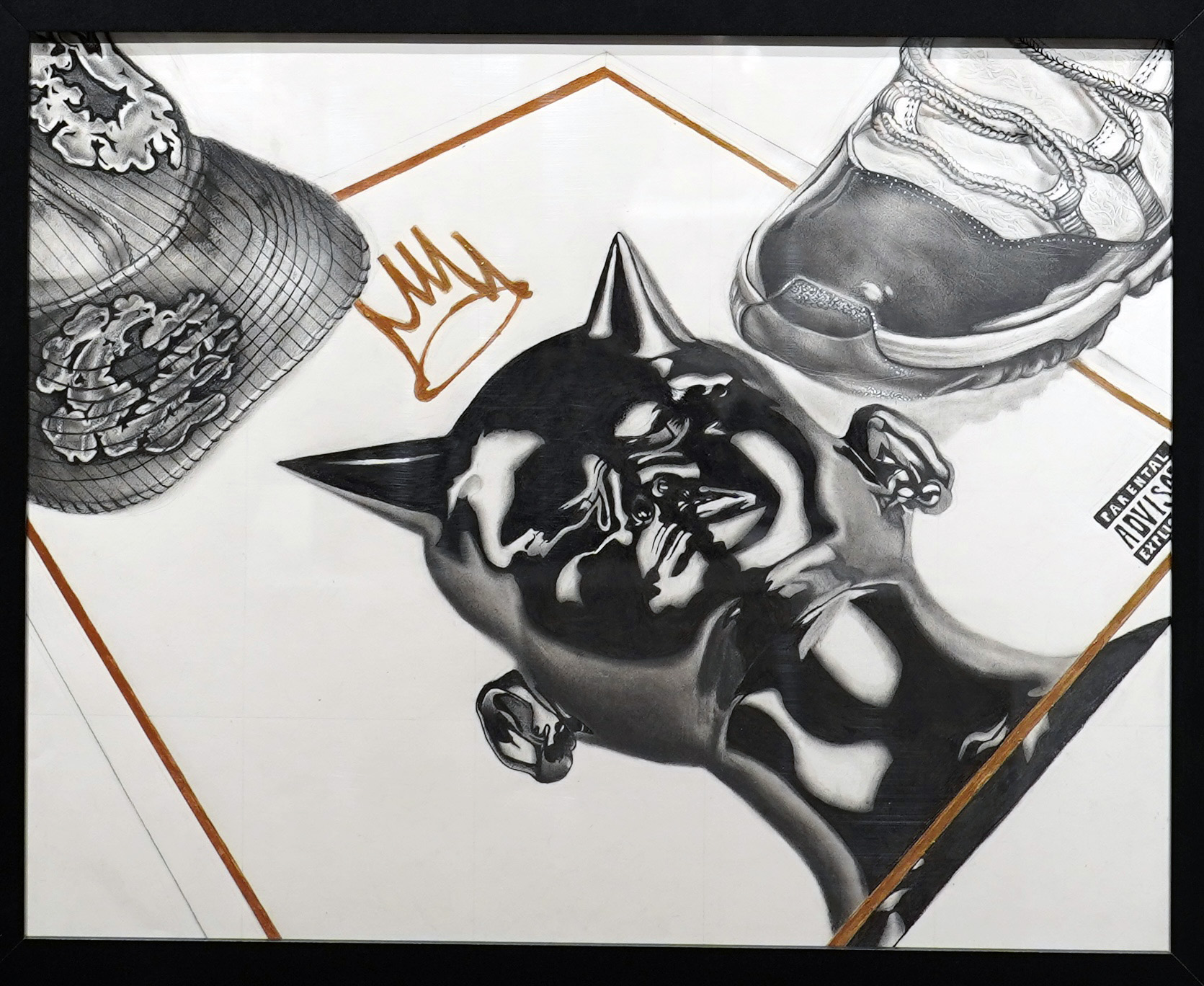 Drawing of sidewalk with golden statue with horns and crown and patterned baseball hat and clock by Octavian Jordan