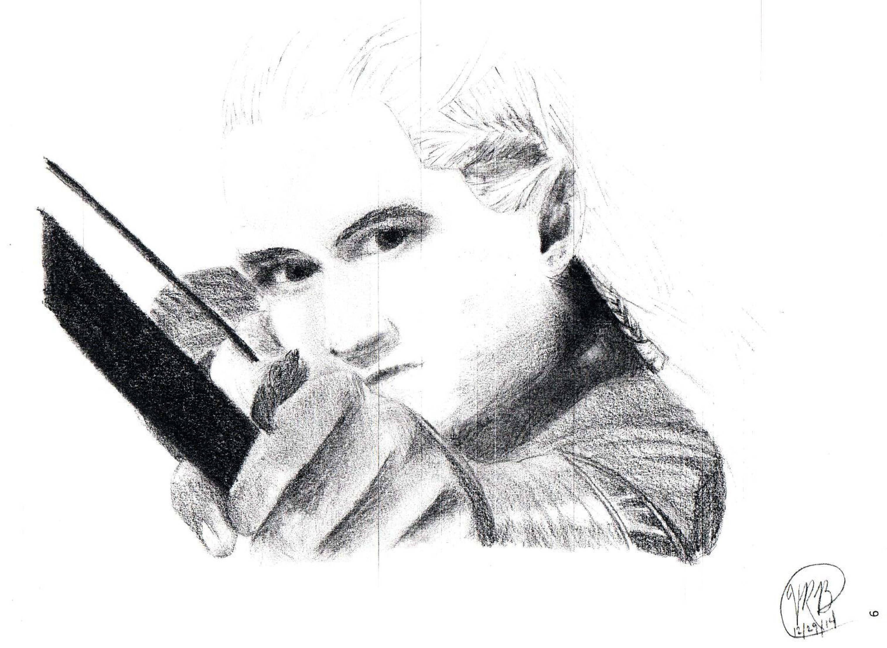 A black and white sketch of a man holding a bow