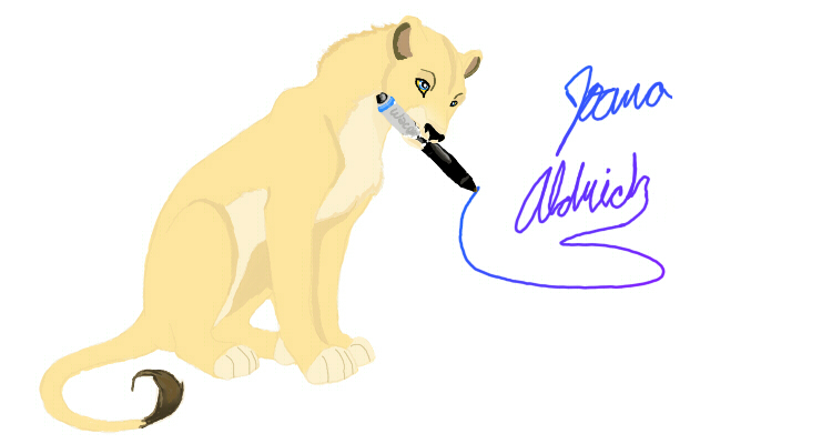 A lioness holding a pen signing the artist's name