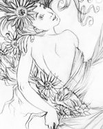 Black and white pencil drawing of woman with bared back looking over her right shoulder at the viewer. In her long flowing hair is a large daisy. She is wrapped in linen except for her bare right shoulder and her back down to her midsection.