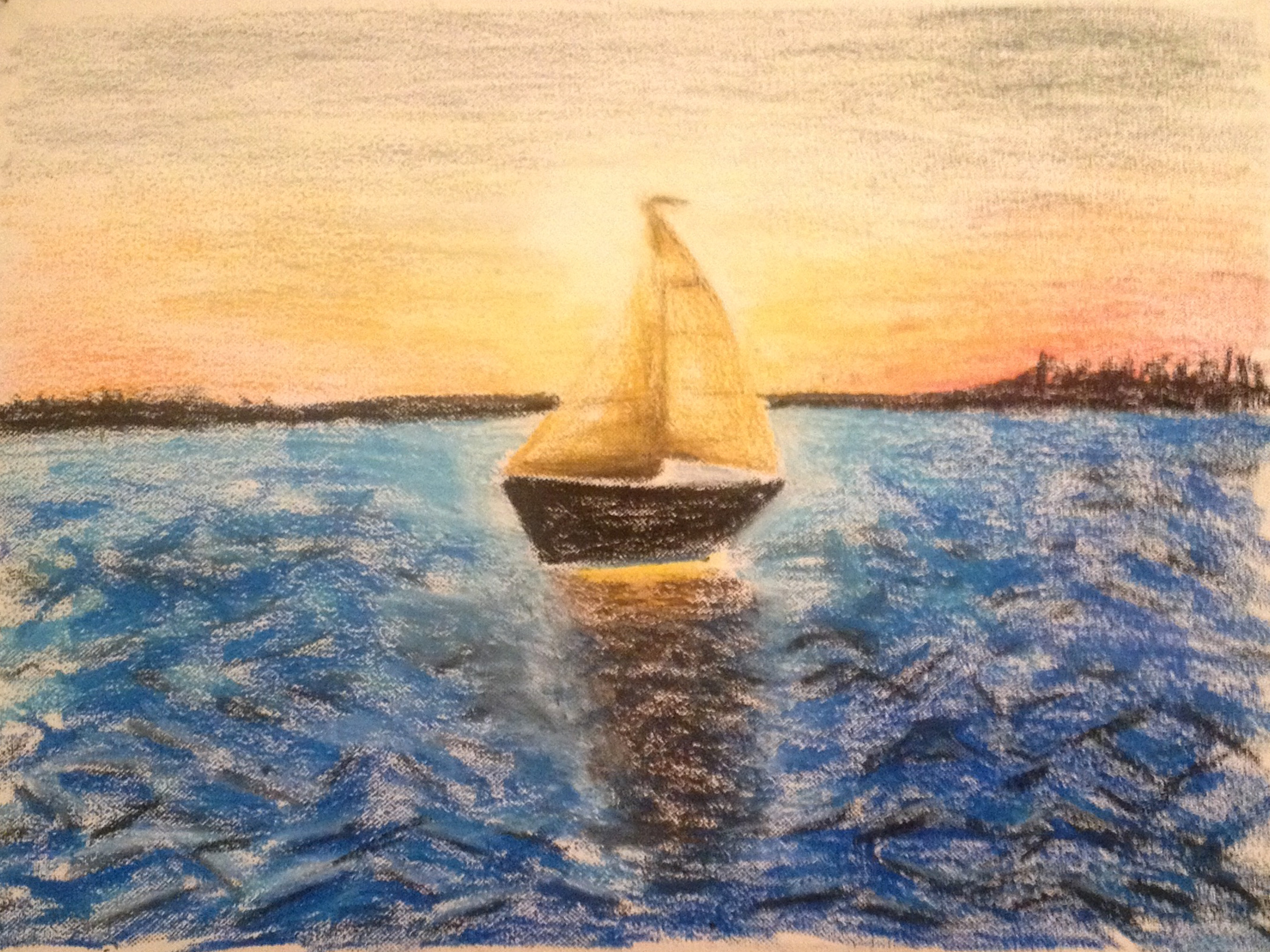 A drawing of a sailboat on a blue lake with the sunset behind it