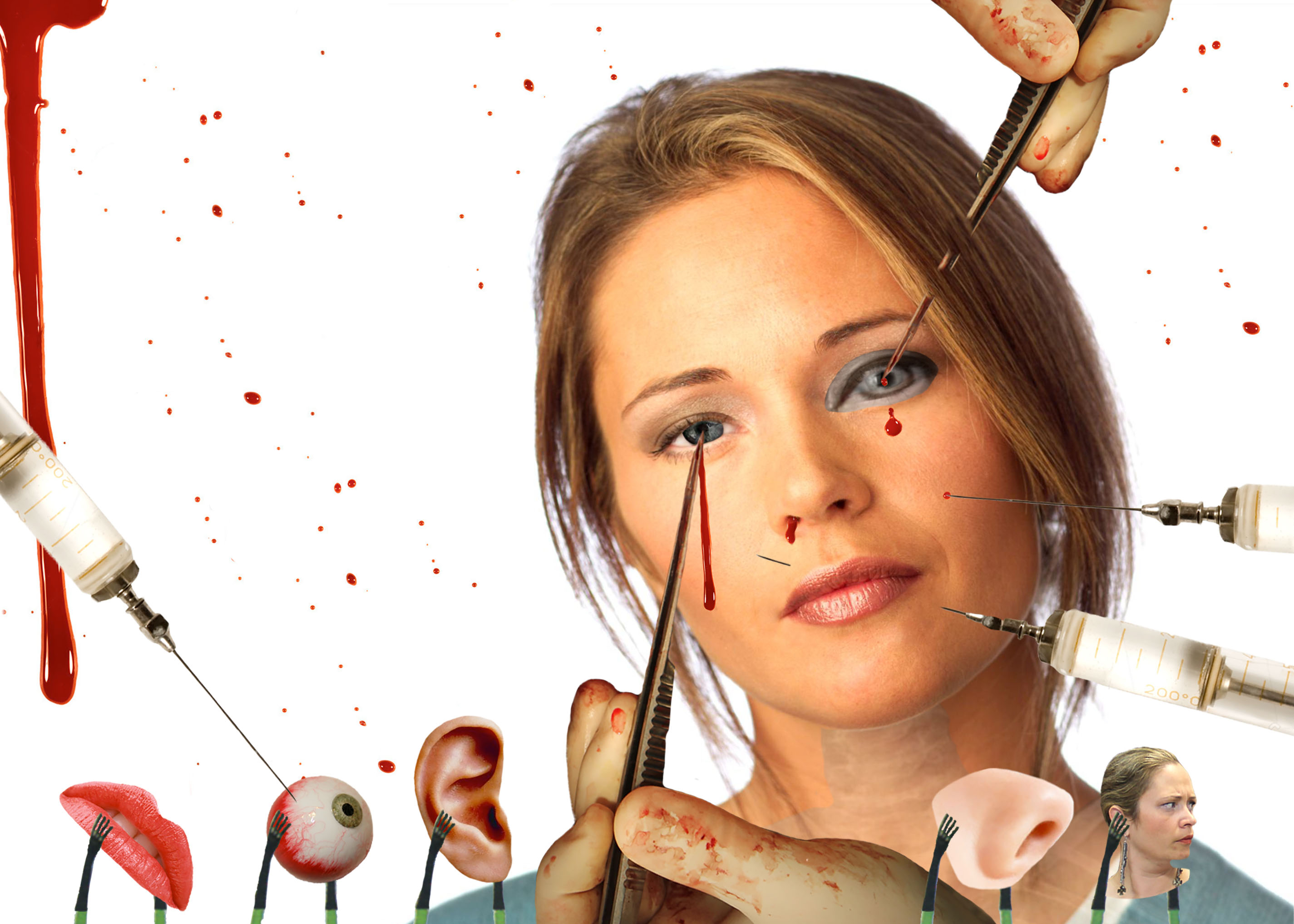 Digital images of needles and eyes, ears, lips, nose, blood, creating a fashion model's face.