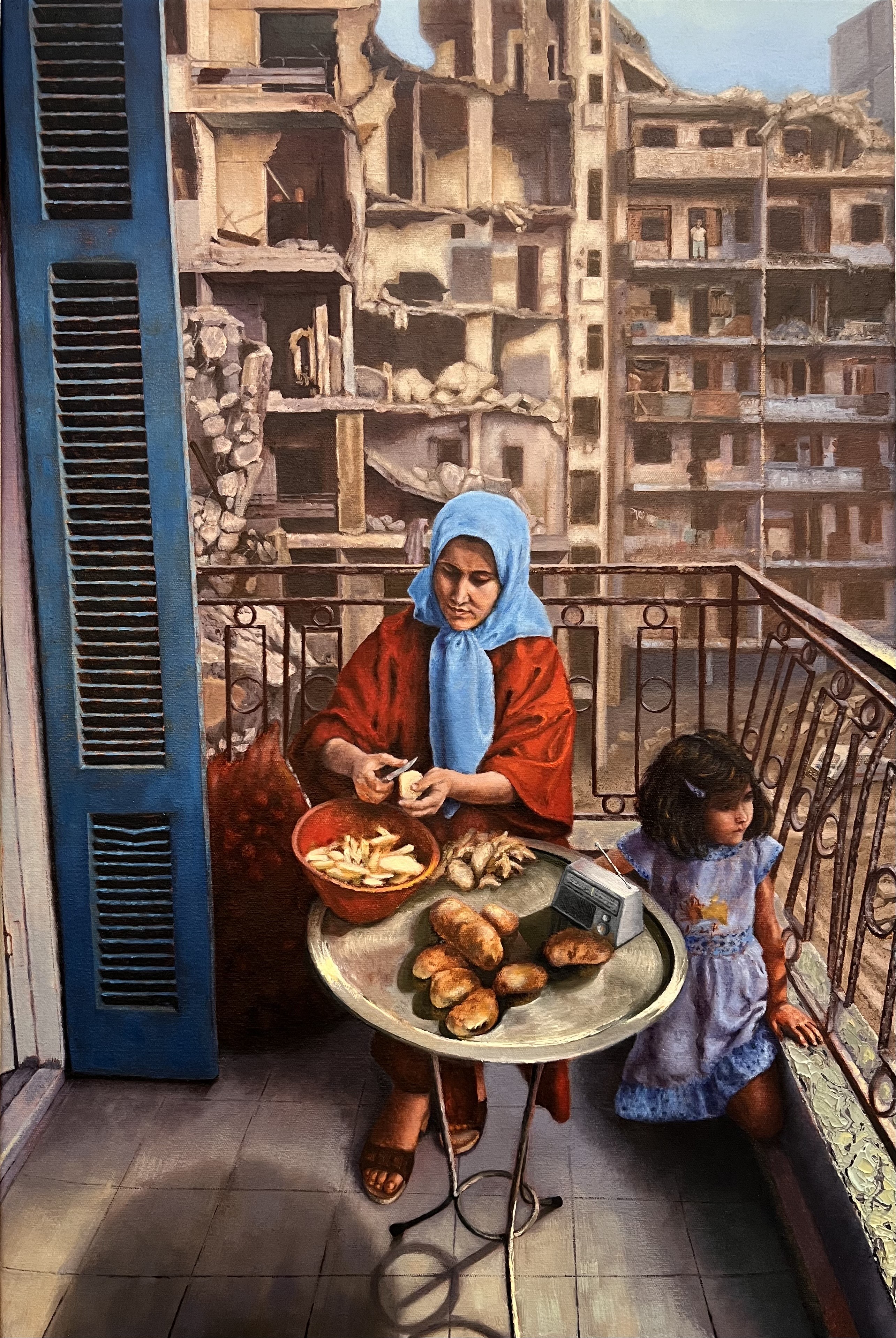  "Resilience" oil painting of Muslim woman peeling potatoes with daughter on porch in front of bombed out building by Malak Cherri