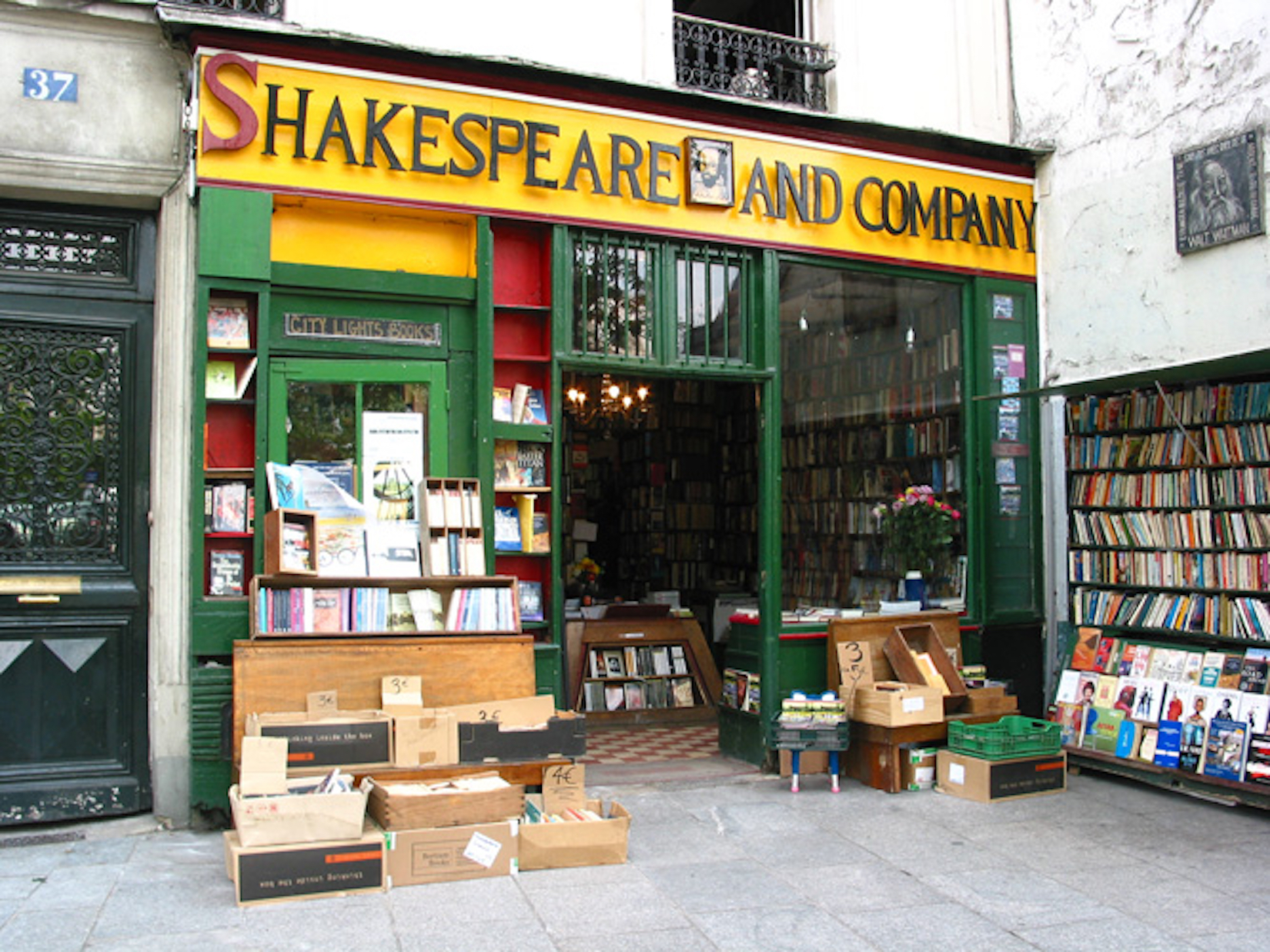 Photo of the storefront of the Shakespeare and Company bookstore in Paris made famous by the Lost Generation of American writers.