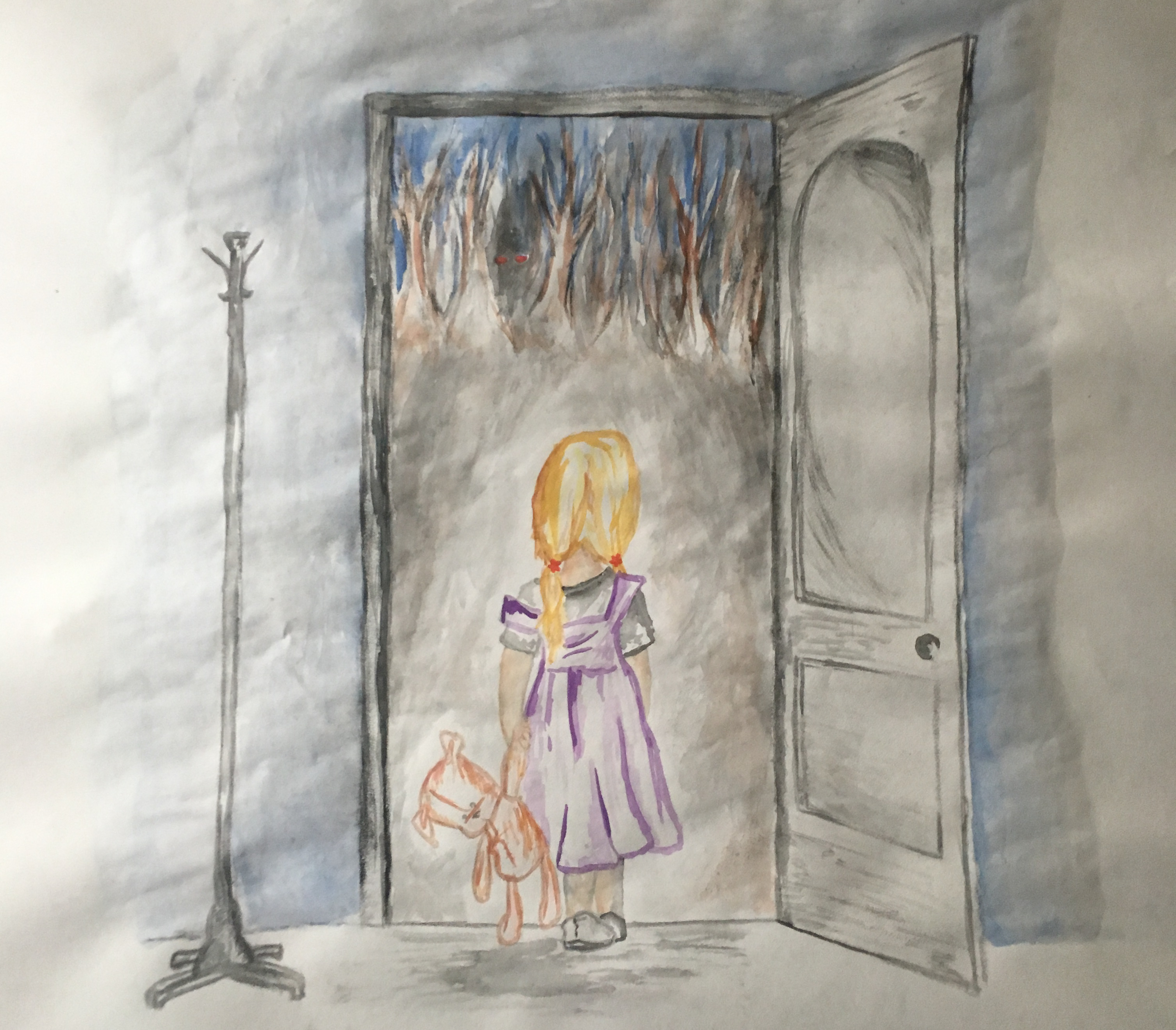 Water color drawing of young girl looking outside an open door with a tall floor lamp adjacent to the door.