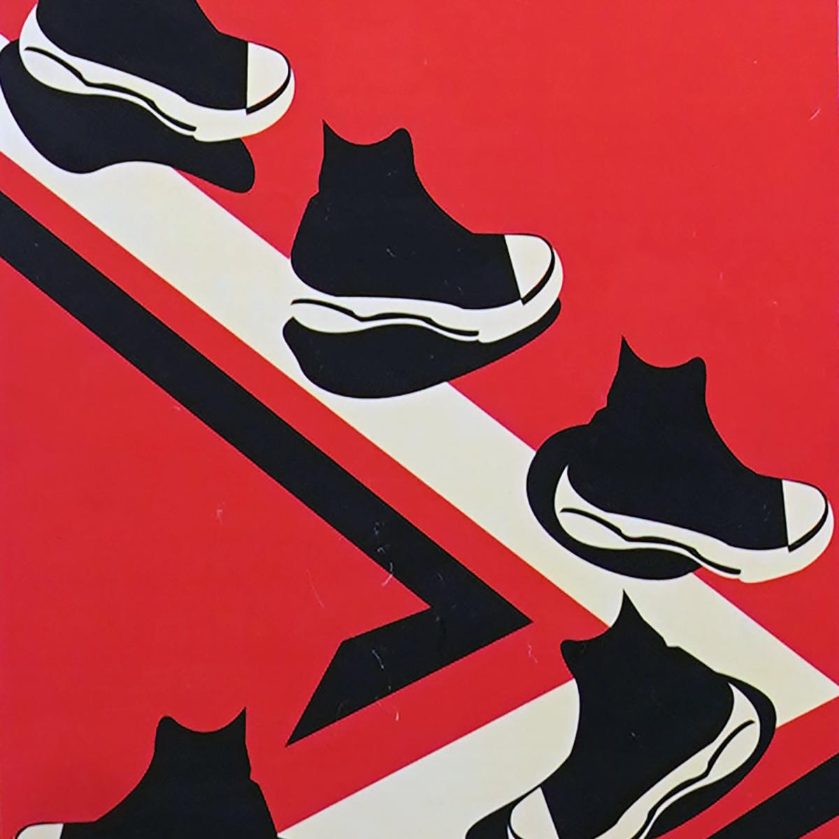 Graphic illustration of shoes walking along a zig zag path by Chase Lett
