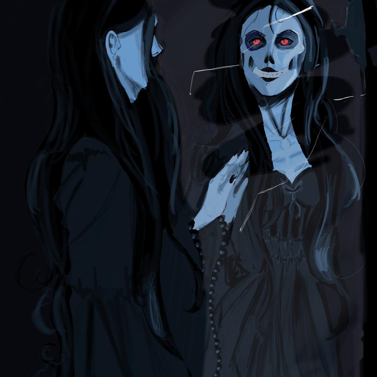 Don't look horror illustration of woman looking at ghost of herself by Abrar Alatooli