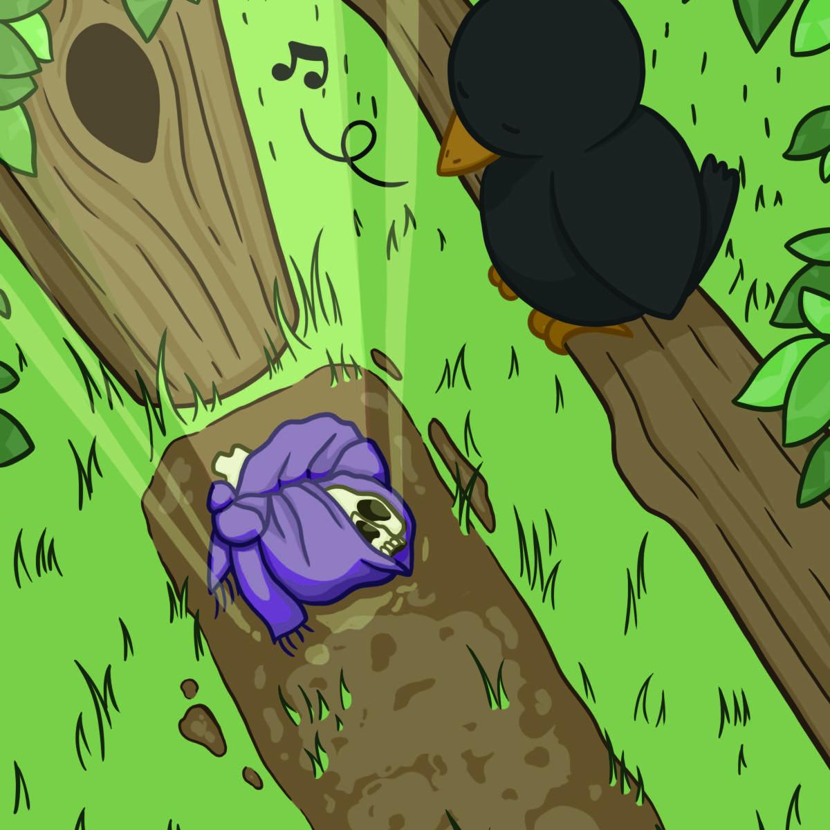 Graphic illustration of blackbird on tree branch looking down at grave site with skull poking through looking up at the bird. Illustration by Gabrielle Erin Brown