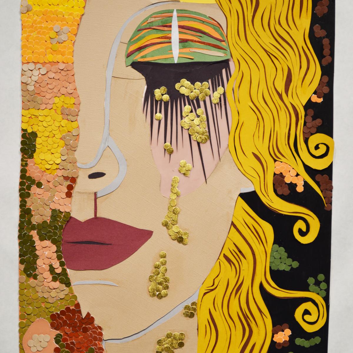 Painting in the style of Gustav Klimt of the side of a face with gold eyeshadow and red lipstick and yellow wavy hair.