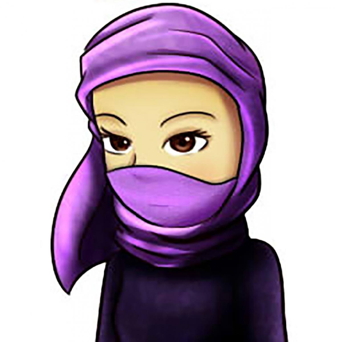 Cartoon of girl wearing a purple scarf on her head and covering her mouth. 