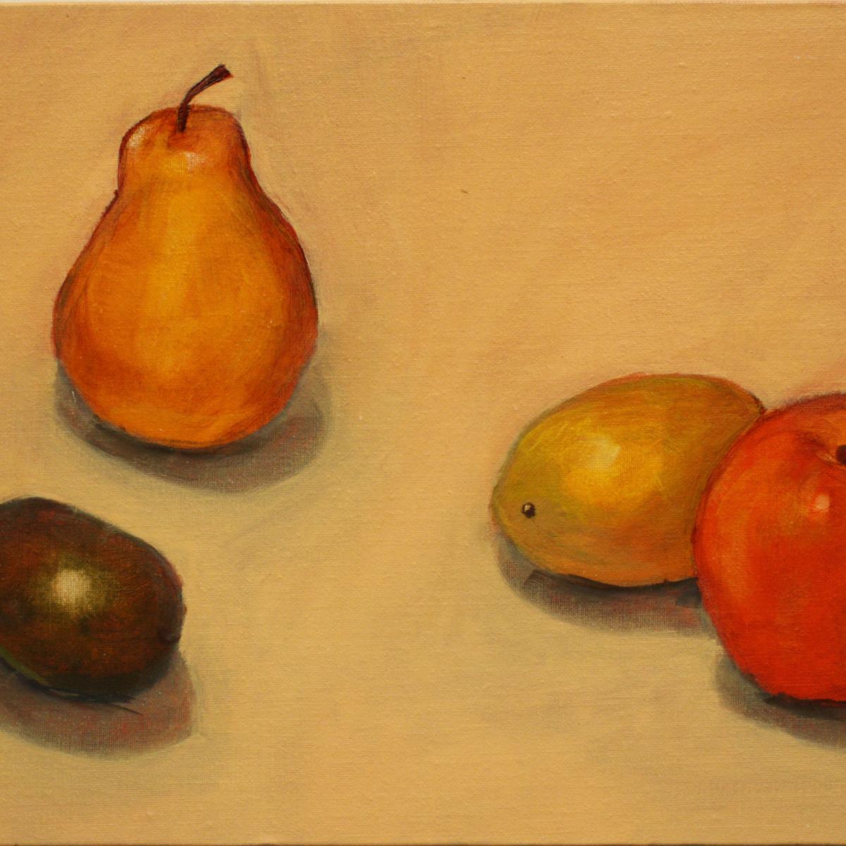 Painting of plum, orange, lemon, and pear.