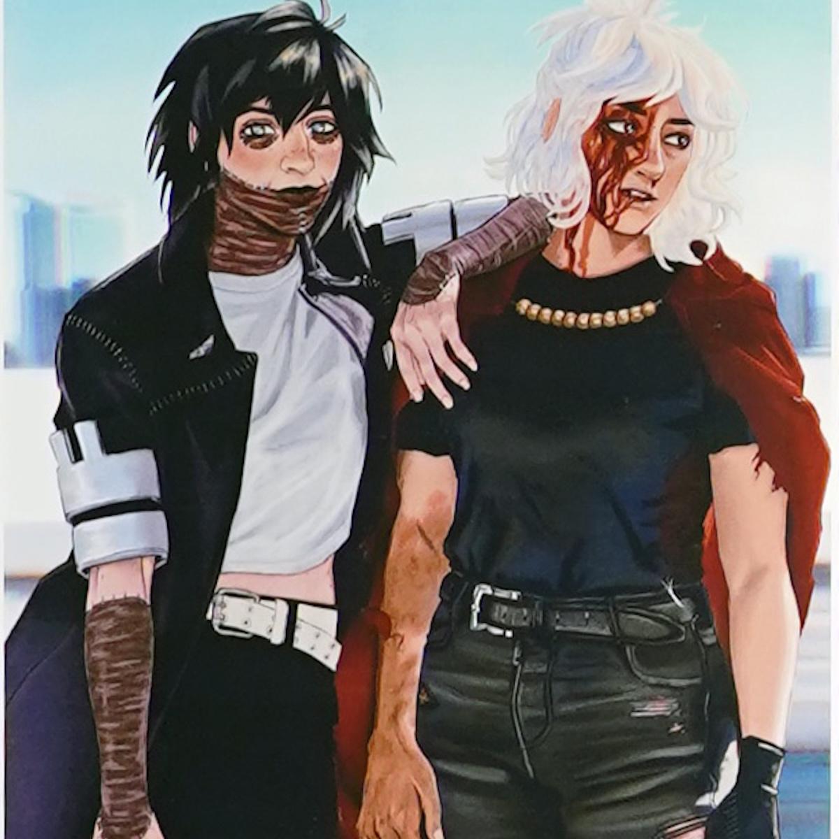 Drawing of two young men shoulder to shoulder one with black hair and the other blonde wearing biker clothes by Isabelle Negron-Main