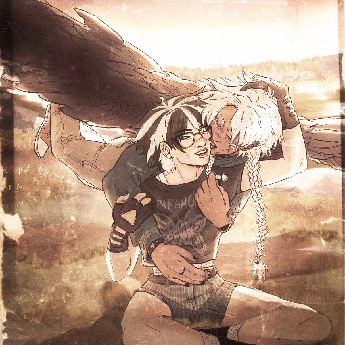 Drawing of Native American man being embraced by spirit of Native American man with wings by Isabelle Negron-Main