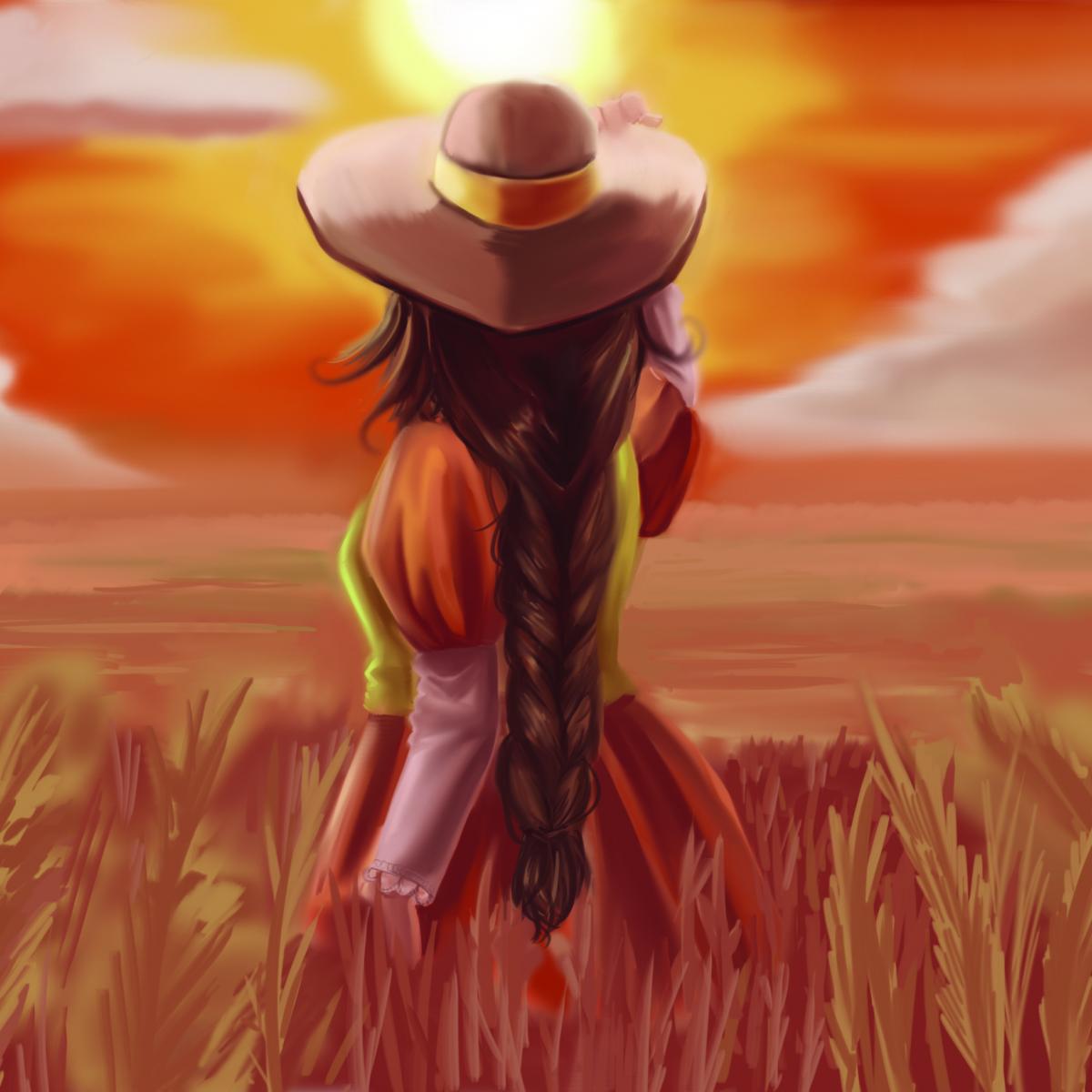 Painting of a woman in a field facing the sun