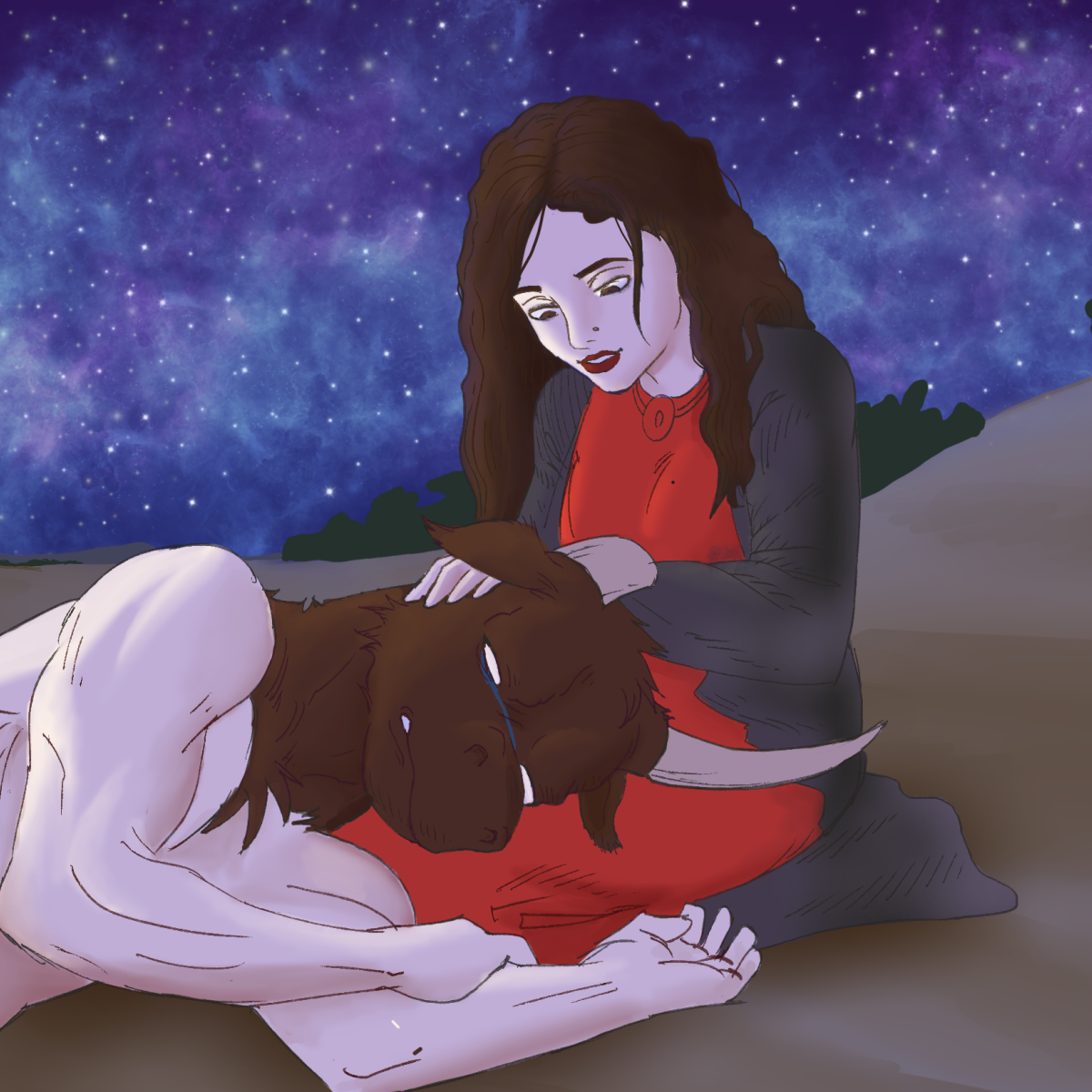 Drawing of woman singing to the Minotaur laying on her lap by Youssef Daher