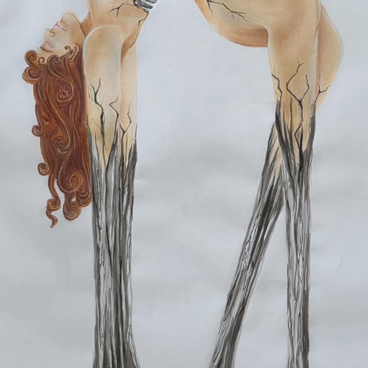 "And At Last, She Snapped" drawing of woman with roots coming out of hands and feet into ground pulling her body apart by Netrra Patel