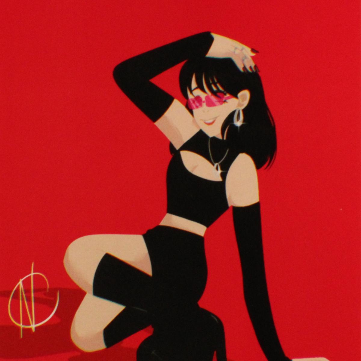 Illustration of girl in black halter top and skirt with platform boots sitting sideways by Niah Martin