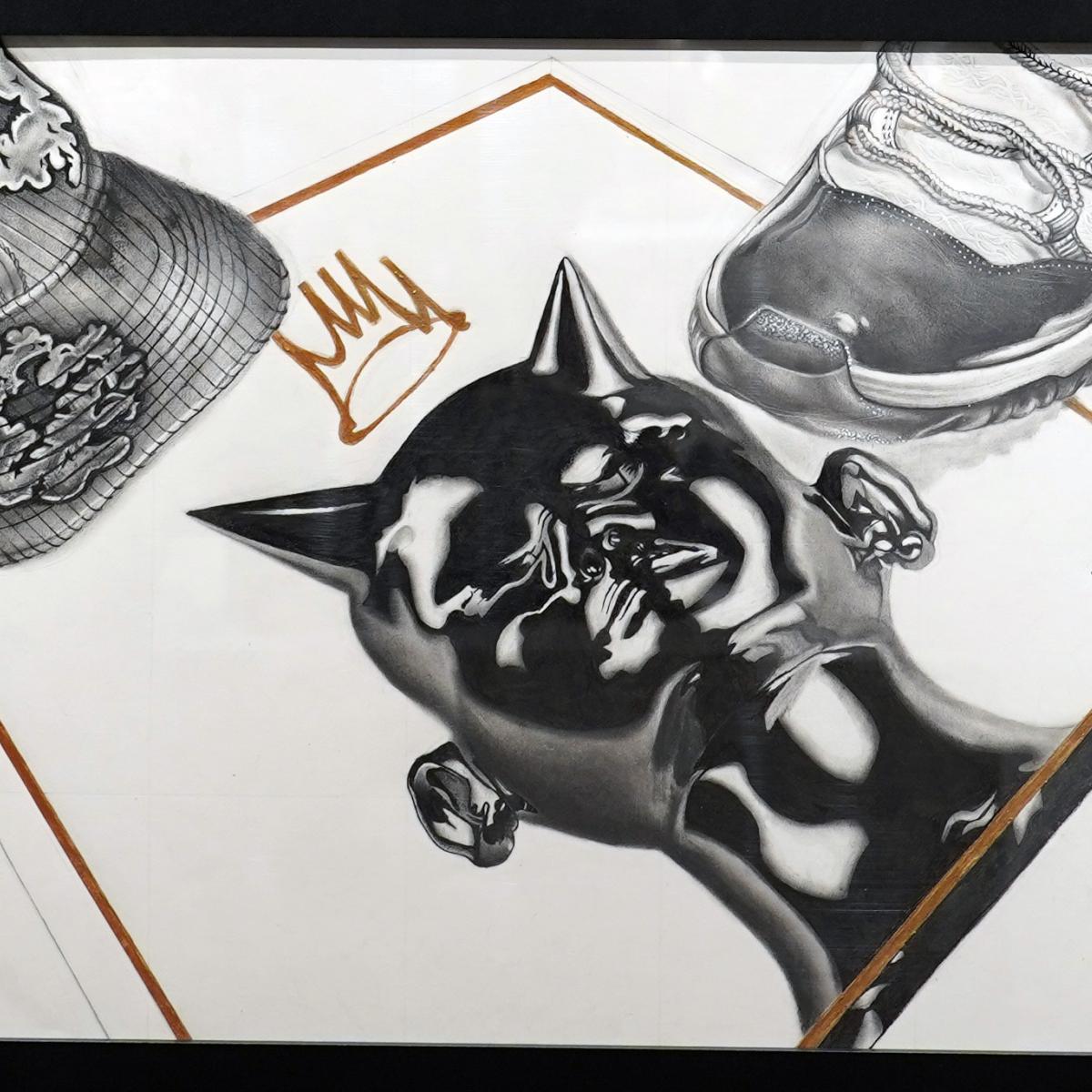 Drawing of sidewalk with golden statue with horns and crown and shoe and patterned baseball hat by Octavian Jordan