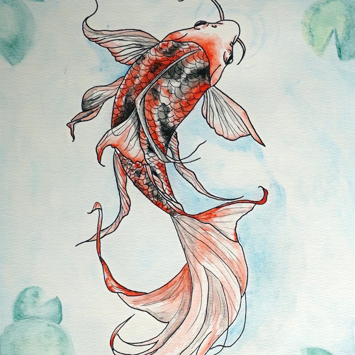 Colorful drawing of a koi in a pond by Olivia Sage