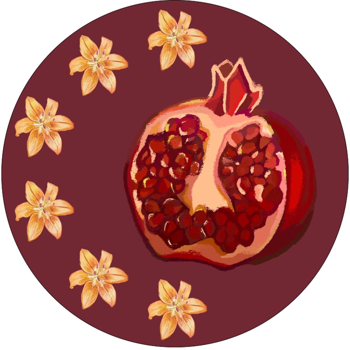 Illustration of pomegranate surrounded by flowers by Malena Cervantes