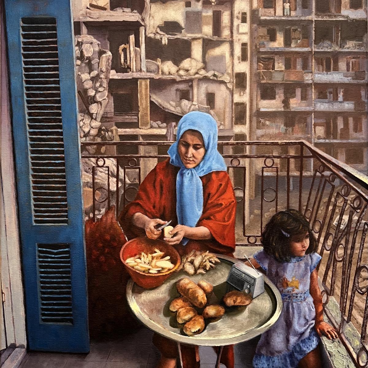  "Resilience" oil painting of Muslim woman peeling potatoes with daughter on porch in front of bombed out building by Malak Cherri