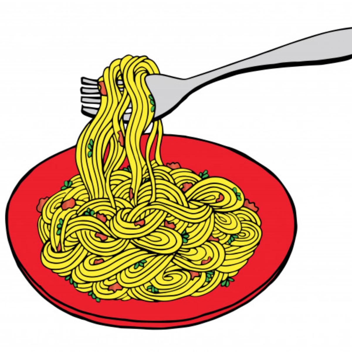 Drawing of spaghetti in a bowl with a fork