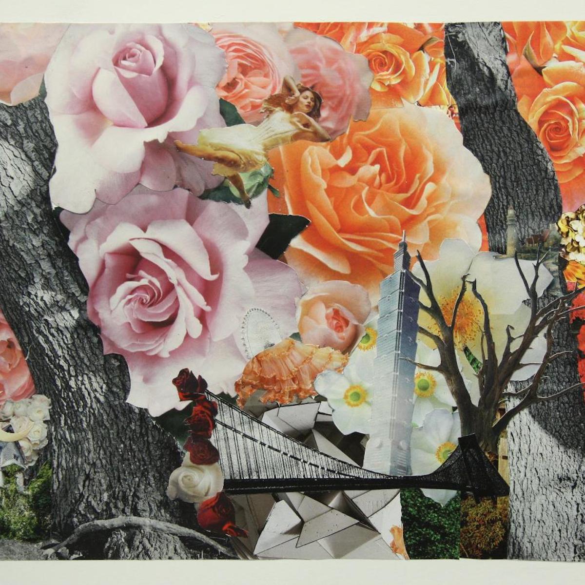 Collage of flowers, trees, bridge, building, and an old house. 