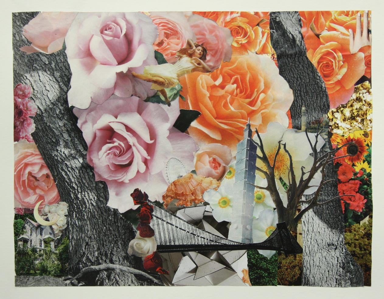 Collage of flowers, trees, bridge, building, and an old house. 