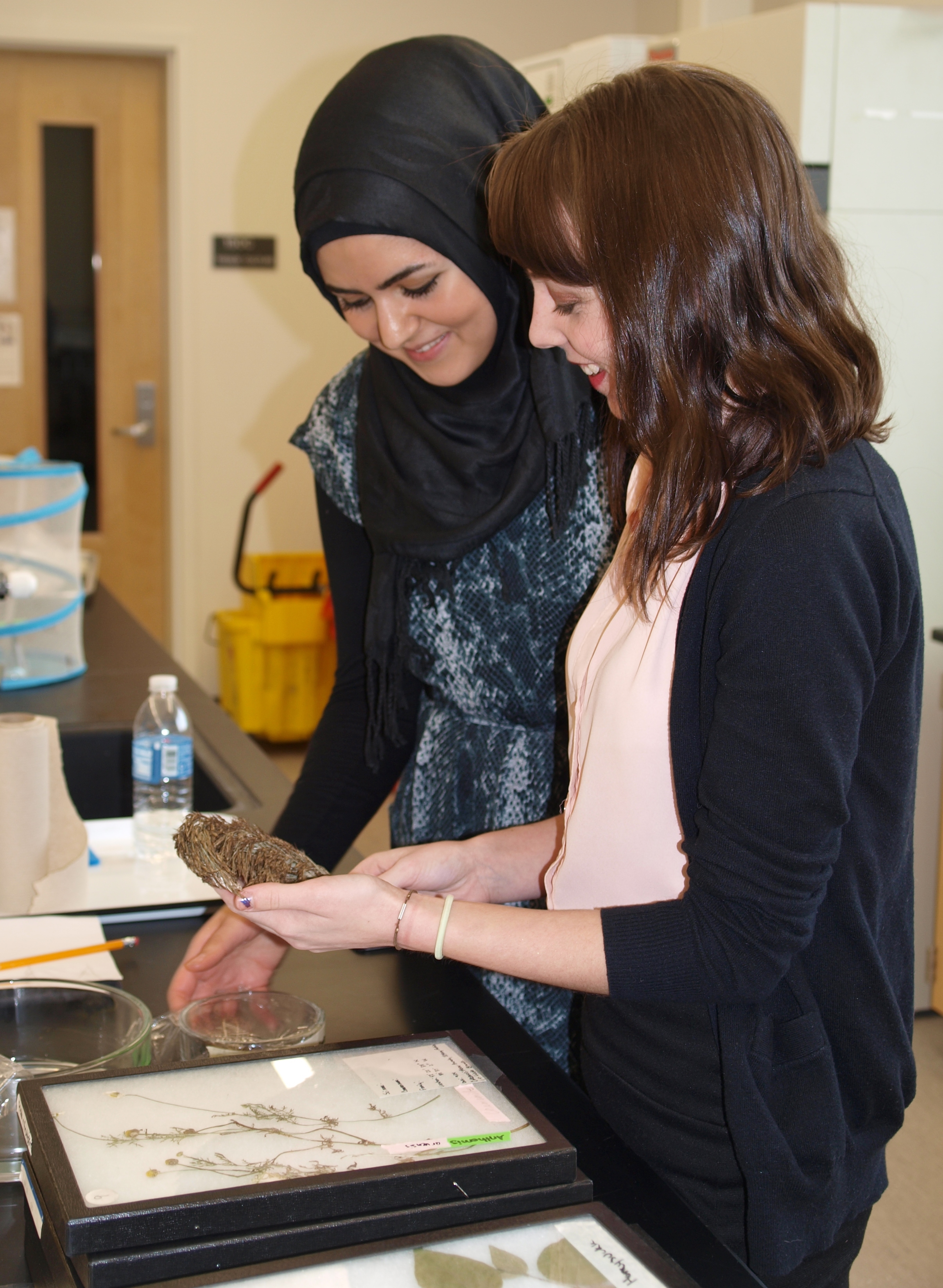 Photograph of Tiffany Feebish and Abear Awada standing examining plant specimens.