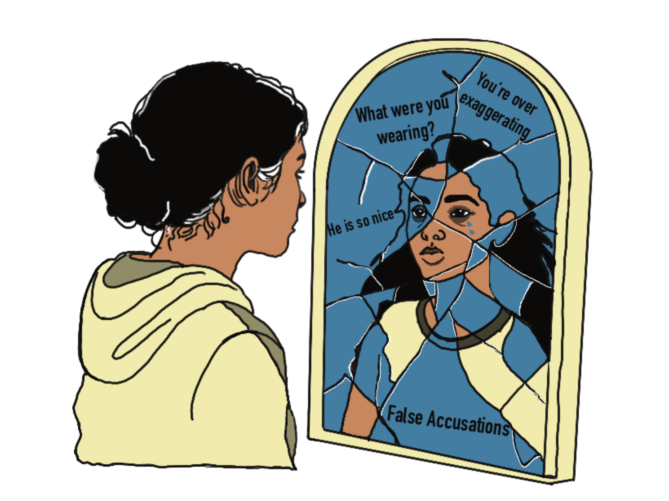 Drawing of woman looking in mirror with broken image of herself and words of blame by Lena McDonald